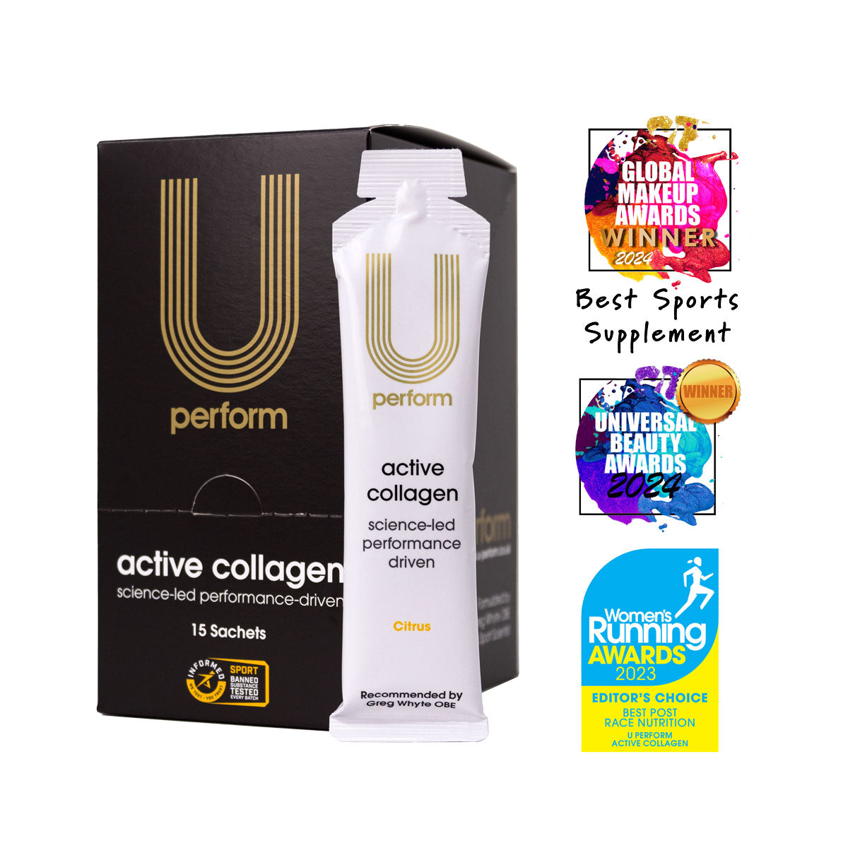 U Perform Active Collagen supplement packaging, featuring a black box with gold accents and a white sachet in front. This liquid collagen formula supports skin, joints, and connective tissues, designed for active individuals and performance recovery. The sachet highlights its citrus flavour and a recommendation from sports scientist Greg Whyte OBE. The product is Informed-Sport certified, ensuring it is tested for banned substances.